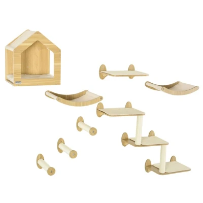 Image of PawHut 8 Piece Cat Shelves Set, Wall Furniture with Condo, 3 Perches, Scratching Posts, Steps, Mounted Tree for Indoor Cats, Beige