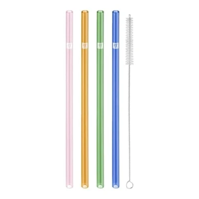 Image of ZWILLING Sorrento Glass Straws Sustainable and Reusable Borosilicate for Cold Hot Drinks, Pack of 4, Length: 23 cm, Straight Shape, Colour: Multicoloured, Includes Cleaning Brush