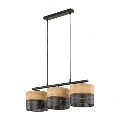 Image of TK Lighting Nicol hanging light, black/wood effect, 70x20 cm 3 bulb, x E27