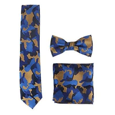 Image of WANYING Men Classic 6 * 12cm Bowtie &amp; 6cm Narrow Necktie 22 22cm Pocket Squares 3 in 1 Sets Blue Camouflage