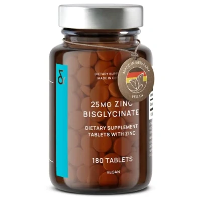 Image of Zinc 25mg Vegan Certified 180 Elemental Tablets in a Jar (6 Months Supply) High Strength Bisglycinate Mineral Supplement Supports Immune System, Hair, Skin &amp; Nails for Women Men
