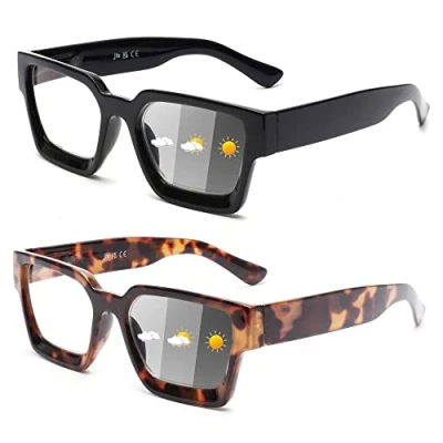Image of JM 2 Pack Photochromic Reading Glasses for Women, Square Blue Light Blocking Computer Reader Sunglasses, Spring Hinge, Black &amp; Tortoise +3.0