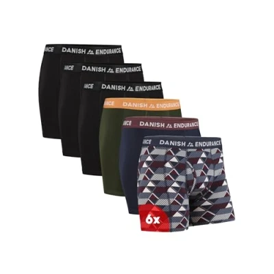 Image of DANISH ENDURANCE 6 Pack Men&#039;s Cotton Boxer Shorts, Classic Fit Underwear, TrunksMulticolor (3x Black, 1x Green/Orange, Navy Blue/Bordeaux, Retro) Fly XXXL