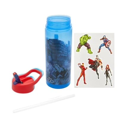Image of Marvel Avengers Personalised Sticker Water Bottle with Straw 500ml Official Merchandise by Polar Gear, Kids Reusable Non Spill BPA Free Tritan Ideal For School Nursery Sports Picnic
