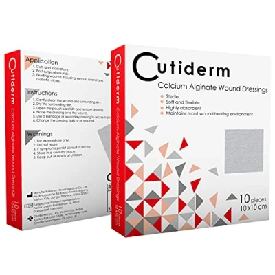 Image of Pack of 10 Cutiderm Calcium Alginate Low Adherent Wound Dressing 10cm x Suitable for cuts and lacerations, Post Surgical Wounds, exuding Including venous, arterial Diabetic ulcers