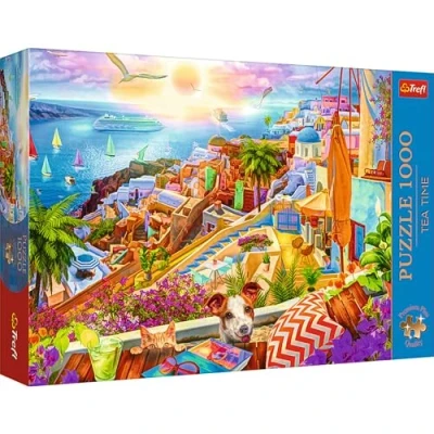 Image of Trefl 10842 Premium Plus Quality Puzzle Tea Time: Glimpse of Santorini 1000 Pieces, Series Painted Nostalgic Images, Perfectly Matching Tiles, for Adults and Children from 12 Years, Multicolour