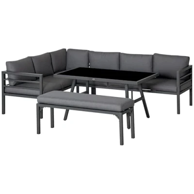 Image of Outsunny 4 Piece L shaped Garden Furniture Set 8 Seater Aluminium Outdoor Dining Conversation Sofa w/Bench, Table &amp; Cushions, Grey