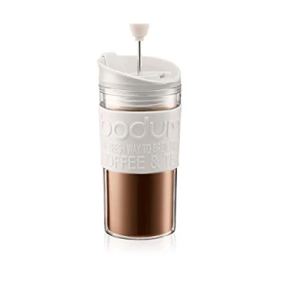Image of BODUM Insulated 11102 913s Piston Cup with Hinged Lid, 0.35 Litre, Plastic, white, clear, 3.5 Inch, 7,1 x 8,9 17,2 cm