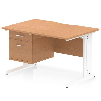 Image of Impulse 1200 x 800mm Scalloped Edge Straight Office Desk Oak Top White Cable Managed Leg Workstation 1 2 Drawer Fixed Pedestal