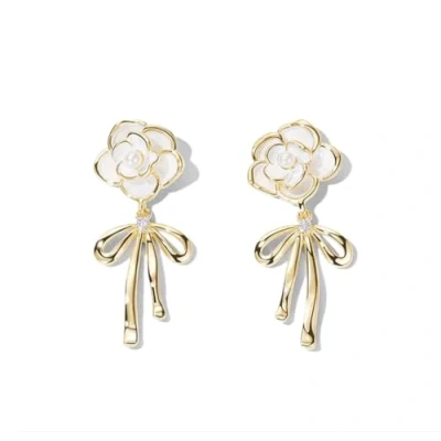 Image of YAXUN 925 Sterling Silver Gold Plated Rose Flower and Pearl Stud Earrings For Women Golden Bow Inlaid with 5A Cubic Zirconia Drop Fashionable Lovely Jewellery Gifts Ladies Girls