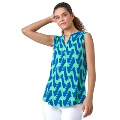 Image of Roman Originals Sleeveless Shirt for Women UK Ladies Summer Top Smart Blouse Stretchy Jersey T Casual Spring Holiday Party Beach Vacation Everyday Notch Neck Lightweight Turquoise Size 12