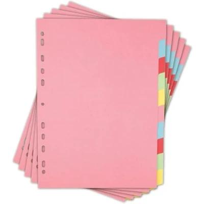 Image of 5 Pack A4 10 Part File Subject Dividers Multi Coloured Tabs Punched Card Folder