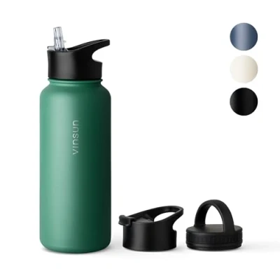 Image of VINSUN Stainless Steel Water Bottle Green 1L 3 Lids Leakproof, Carbonic Acid Suitable, BPA Free Lightweight Thermo for Sport, Outdoor, School, Office, Gym