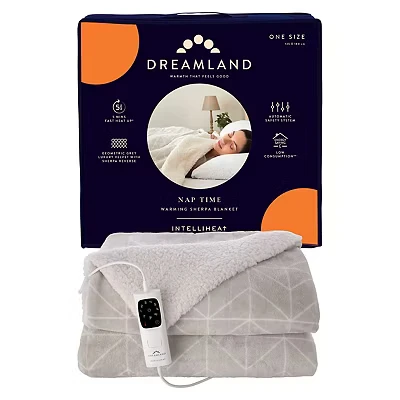Image of Dreamland Nap Time Heated Electric Blanket Ultra Soft Velvet Sherpa with 6 Heat Settings, Fast 5 Minute Preheat, Intelliheat Auto Timer, Machine Washable, Large Size 180 x 135 cm Geometric Grey