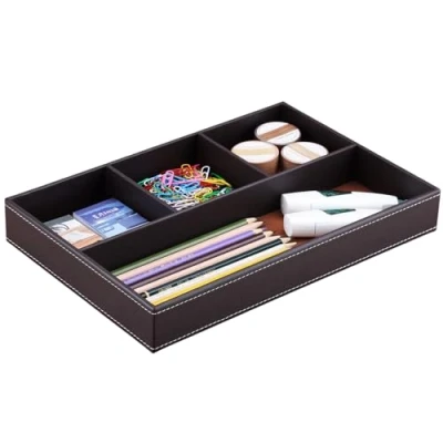 Image of KINGFOM Leather Desk Drawer Tray Organiser, Brown
