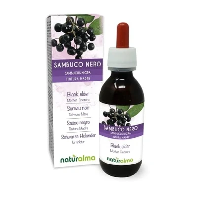 Image of Black Elder (Sambucus nigra) Flowers (elderflower) and Fruits (Elderberry) Alcohol Free Mother Tincture Naturalma Liquid Extract Drops 120 ml Food Supplement Vegan