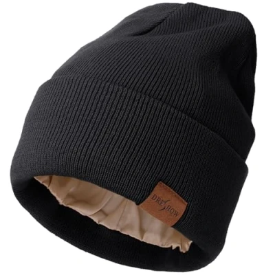 Image of DRESHOW Satin Lined Beanie Hats for Women Men Stretchy Knitted Cuffed Hat with Silky Lining Unisex Soft Warm Winter Solid Skull Cap