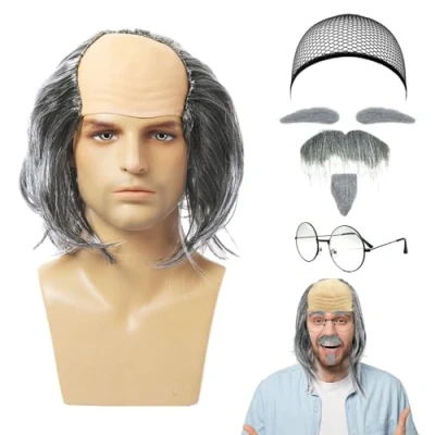 Image of UILYNIU 7 Pcs Grandpa Semi Bald Wig Set Mustache Fake Beard Eyebrows Glasses Cap Costume Men&#039;s Old Man Scientist Funny Wigs Dress up Accessories (7 Pcs)
