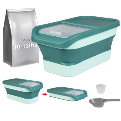 Image of Greenfields Collapsible Airtight Pet Food Storage Container Versatile Dry Dispenser for Dogs, Cats &amp; Pets with Measuring Cup Scoop Space Saving Design, Sliding Lid Hygienic Box, 15 Lb