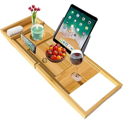 Image of MantraRaj Bamboo Bath Caddy Tray Bridge Wooden Bathtub Rack Tidy Bathroom Shelf Organizer Storage Table for Reading,Tablet, Wine Glass Accessories (Extendable Natural)