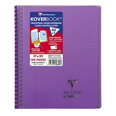 Image of Clairefontaine Ref 556805C Koverbook Wirebound Notebook (160 Pages) 170 x 220mm Size, Lined &amp; Margin Ruling, 90gsm Brushed Vellum Paper, Polypro Cover Purple