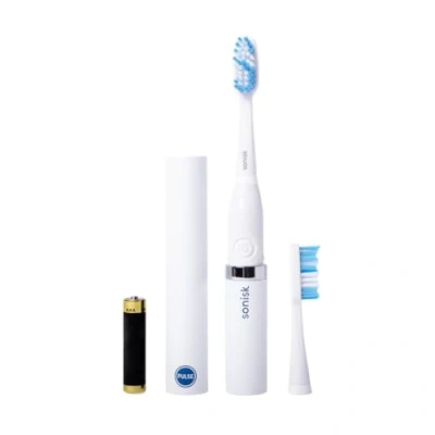 Image of Sonisk Pulse Battery Powered Electric Toothbrush Portable Travel Size with Antimicrobial Sonic Technology 1x Battery, 2X Brush Heads, Case Included (Pure White)
