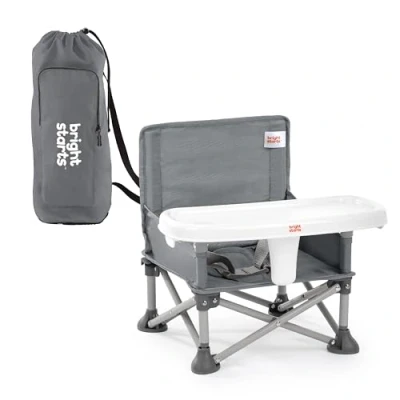 Image of Bright Starts Pop &#039;N Sit Portable Booster, Indoor/Outdoor Use, Floor Seat with Feeding Tray, Grey, 6 Mos 3 Yrs