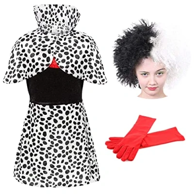 Image of Girls Evil Dog Lady Dalmatian Print Fancy Dress Costume Medium &amp; Wig Perfect For Halloween Or World Book Day