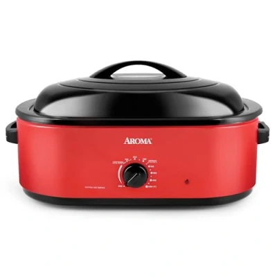 Image of AROMA 18Qt. Roaster Oven with Self Basting Lid, Fits 22 lb. Turkey, Adjustable Temperature Settings, Keep Warm Setting, Red (ART 718R)
