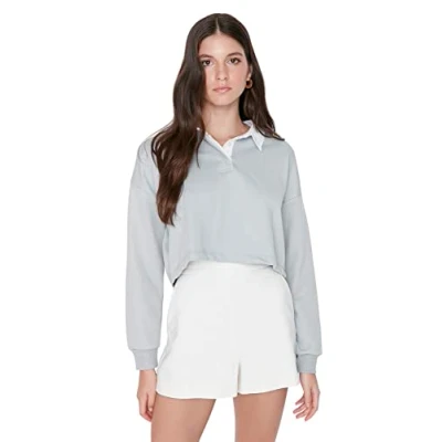 Image of Trendyol Women Fitted Basic Shirt collar Knit Sweatshirt Light Blue