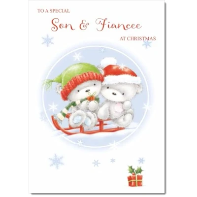 Image of doodlecards Son and Fiancee Christmas Card Cute Bears on Sled Medium Size for &amp; with Plain Envelope