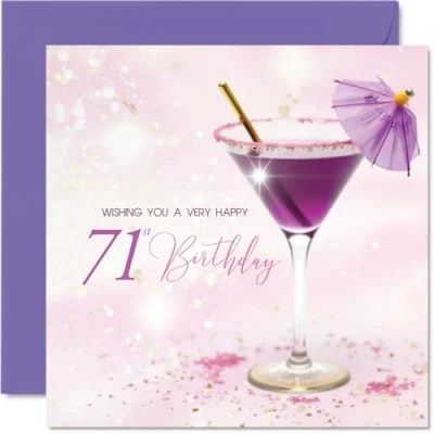 Image of 71st Birthday Cards for Women Purple Cocktail Happy Card 71 Year Old Woman Granny Auntie Cousin Nanny, 145mm Bday Greeting