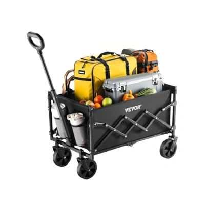 Image of VEVOR Collapsible Wagon Carts, 120L &amp; 225LBS Folding Wagons with All Terrain Wheels, Heavy Duty Outdoor Utility Cart Adjustable Handle, Portable Camping for Beach Grocery Garden Black