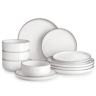 Image of MALACASA Dinner Set for 4, 12 Pieces Porcelain Plates and Bowls Sets with Black Rim, Ceramic Ivory White Dinnerware Dish Dining Ware Set, Series Luna