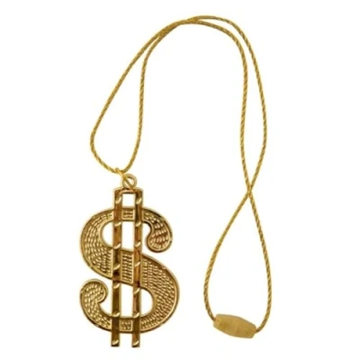 Image of Lizzy Gold Dollar Necklace (11cm) 90s 70s Hip Hop Halloween Fancy Dress Fashion Costume Accessory Gangster Golden Colour Top Cane Unisex Mens Womans Adult