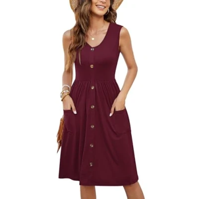 Image of Molerani Summer Dress for Women Sleeveless Ladies V Neck Beach Swing Button Midi Sundress with Pockets Wine Red, Size 12 14 M