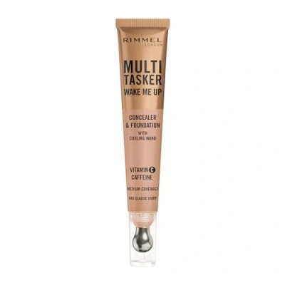 Image of Rimmel Multi Tasker Wake Me Up Foundation &amp; Concealer 045 Classic Ivory, Depuffs Brightens Dark Circles, Metallic Cooling Applicator, Caffeine Victamin C, 2% Niacinamide, Vegan, Cruelty free