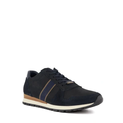 Image of Dune London Mens TRECK Stripe Detail Runner Trainers Navy Leather (archived) Size UK 7
