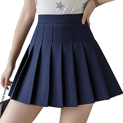 Image of HshDUti Women Girls Short High Waist Pleated Skater Tennis School Skirt Waisted Plain Uniforms A line Mini Lining Shorts Navy Blue 4