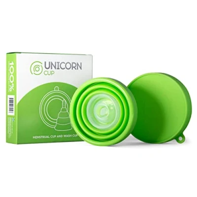 Image of Unicorn Cup Foldable Menstrual &amp; Sterilizer/Carry Case (Green), Use for up to 12 hours, Light/Medium/Heavy Flow, Super Soft 100% Medical Grade Silicone, Reusable