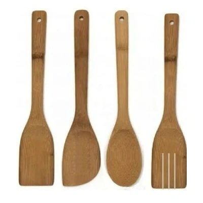 Image of 4 x Spoons Bamboo Spatula Spoon Kitchen Cooking Utensils Turner Tools Set