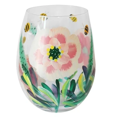 Image of Lesser &amp; Pavey Peonies Bees Stemless Glass Lovely Gift for Women Men Designed by Lynsey Johnstone Luxury Wine Every Occasions