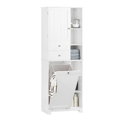 Image of SoBuy Bathroom Tall Cabinet Cupboard Storage with Laundry Basket White W60 x D37 H171cm BZR104 W