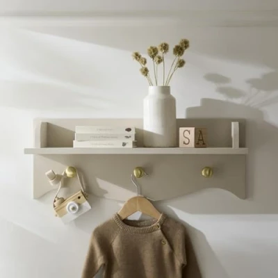 Image of CuddleCo Clara Cashmere Floating Shelf Wall Bookshelf with 3 Hanging Hooks Ideal for Nursery Décor Mounted Pegs