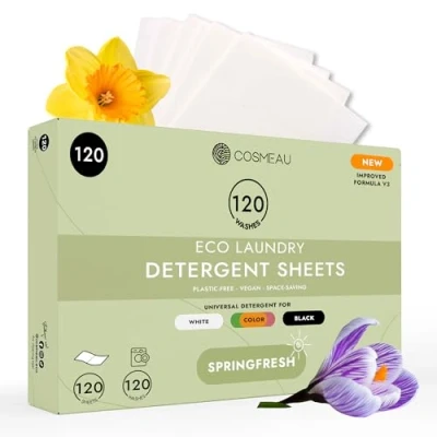 Image of Cosmeau Travel Wash Laundry Sheets Spring Fresh up to 120 Washes (60 Sheets) Eco Detergent for Whites, Colours &amp; Blacks Biodegradable Machine Hand