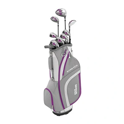 Image of Wilson Amazon Exclusive Beginner Complete Set, 9 golf clubs with cart bag, Women&#039;s (right hand), Stretch XL, White/Grey/Purple, WGG157554