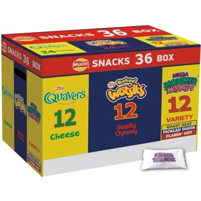 Image of Walkers Crisps Snack Variety Box 36 Pack Quavers Baked Wotsits Mega Monster Munch Mix Party Boxed Treatz