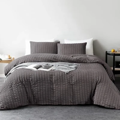Image of My home store Seersucker Charcoal Double Duvet Cover Set with 2 Pillowcases Soft Breathable 3 Pcs Quilt Polyester Cotton Bedding