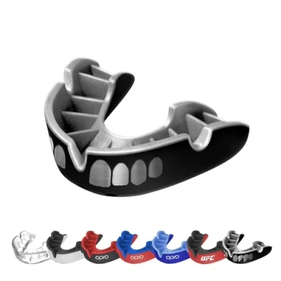 Image of OPRO Silver Level Grillz Adult and Kids Sports Mouthguard with Case, Gum Shield Featuring Revolutionary Fitting Technology for Hockey, Rugby, Boxing Combat (Black/Silver, Adult)