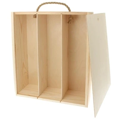 Image of Wooden World stylish wine box with string handle for three 3 bottles